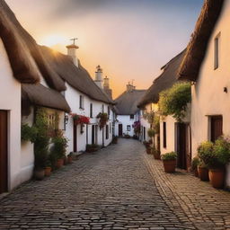 A serene and peaceful sunset over a quaint little town with thatched houses and cobblestone streets