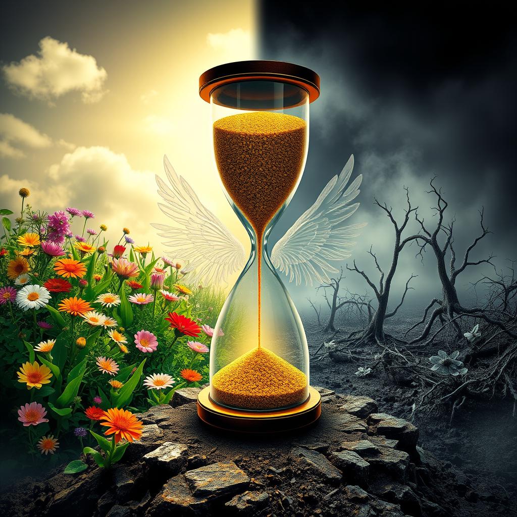 A surreal representation of the duality of life and death, featuring a beautiful, flourishing garden on one side, symbolizing life with vibrant flowers, lush greenery, and bright sunlight