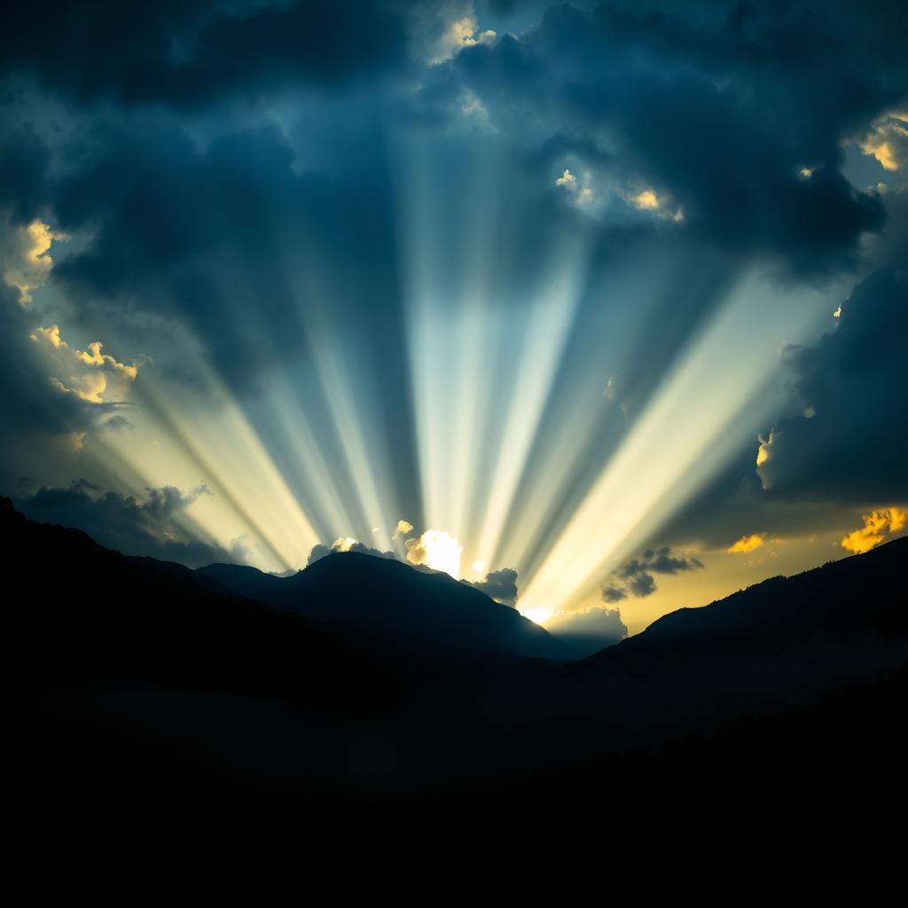 A stunning visual representation of light and darkness intertwined, featuring an ethereal landscape where radiant beams of light break through ominous dark clouds