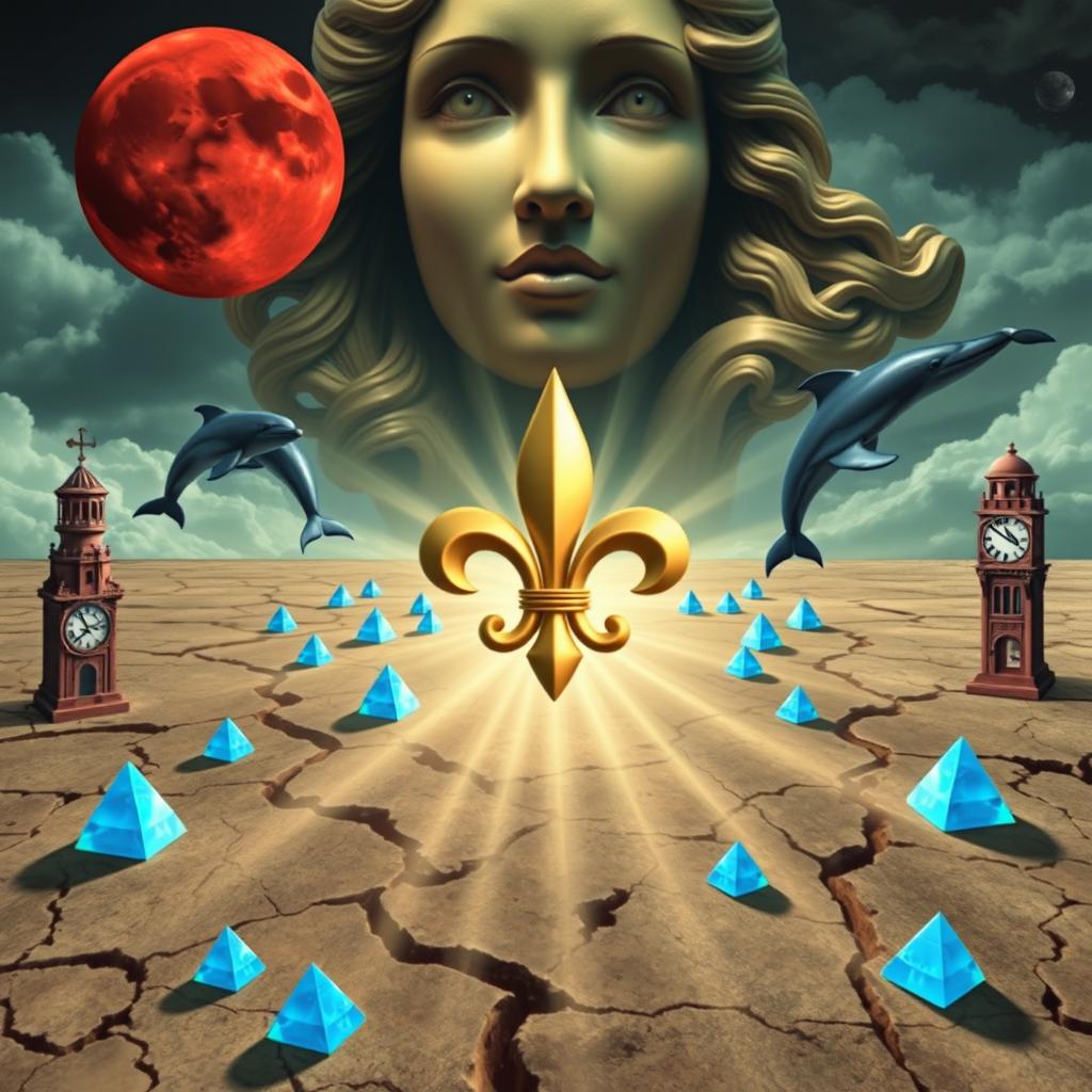 A surreal scene featuring cracked ground with two small clock towers on the left and right sides of the image