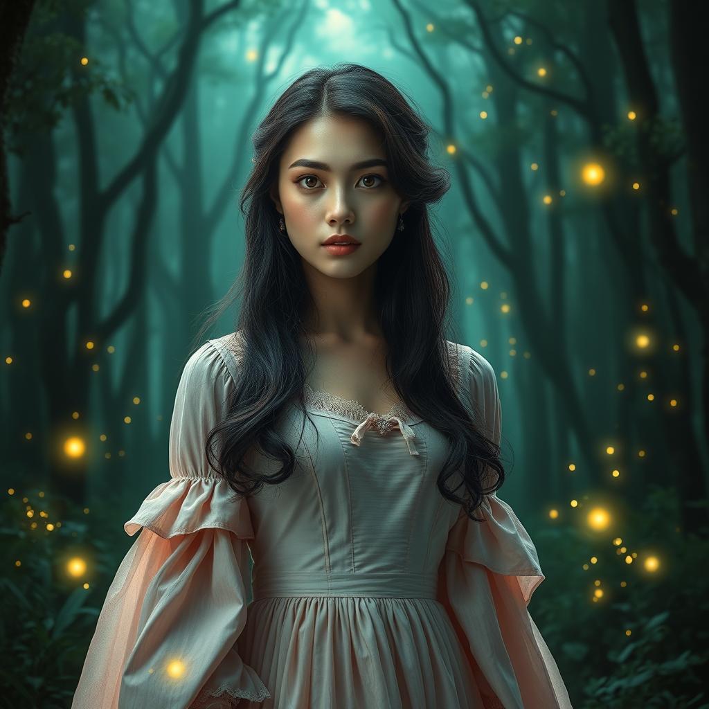 A mystical forest with deep green colors, glowing fireflies illuminating the scene, and a beautiful woman wearing a historical light pink dress