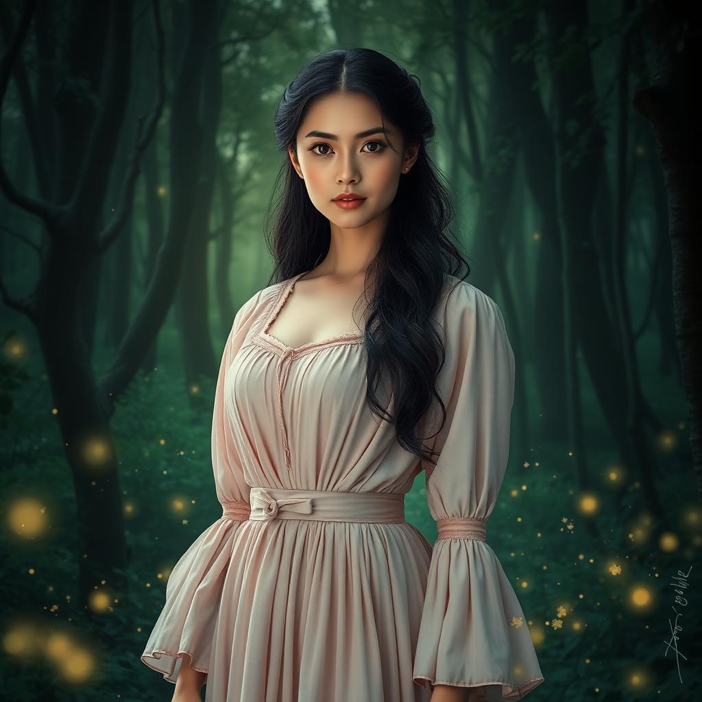 A mystical forest with deep green colors, glowing fireflies, and a woman wearing a historical light pink dress similar to the main female character from season two of "Alchemy of Souls