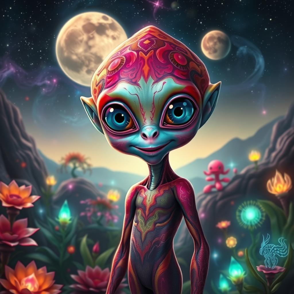 A stunning depiction of an alien from a distant planet, featuring vibrant, colorful skin with intricate patterns and textures