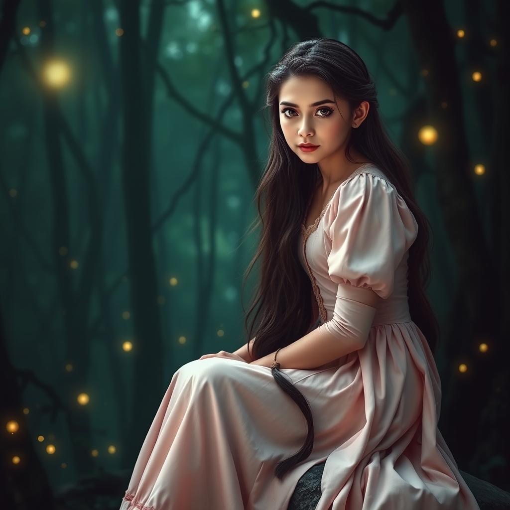 A mystical forest with deep green colors and glowing fireflies