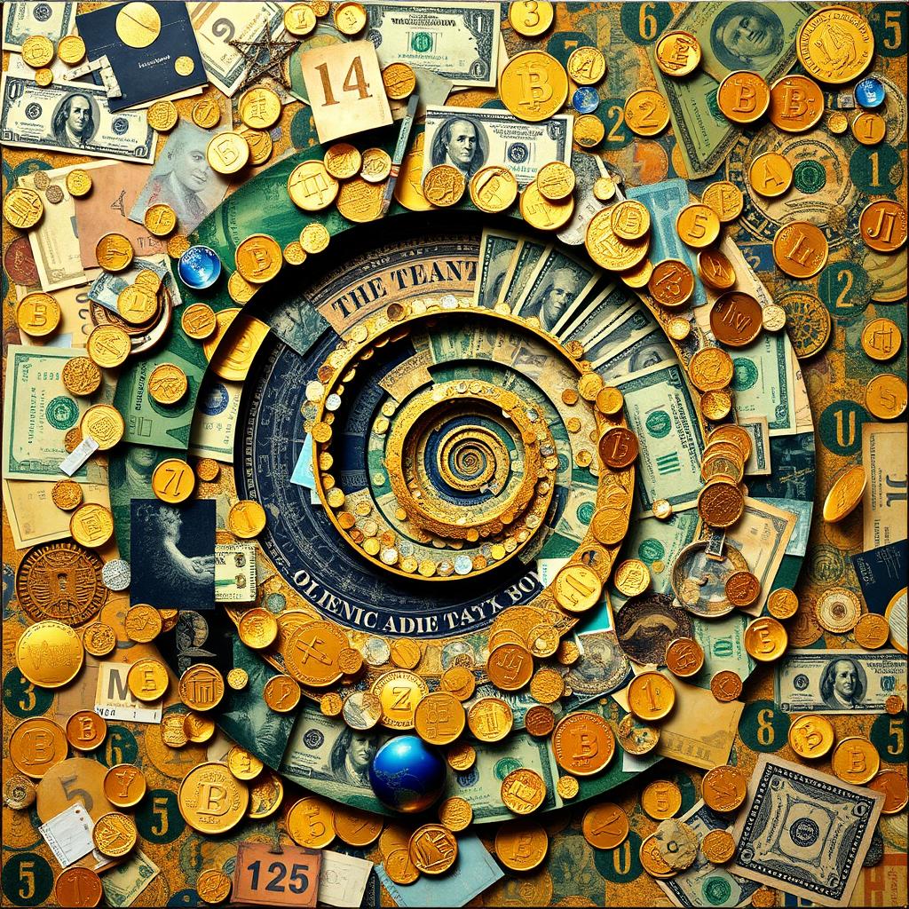 A stunning collage that brings together the 'Mystery of Wealth' defined by the 'Golden Ratio,' intermixing elements of money, numbers, and the 'Numerical Code of a Millionaire