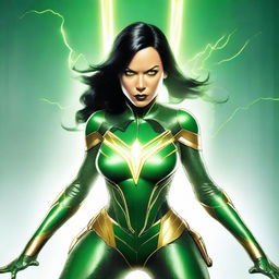 A woman with straight black hair, wearing a green MCU-style technological superheroine costume with yellow lightning lines. Costume has technological details implying a connection to electricity and her eyes are like yellow lightning, all set against a white background.