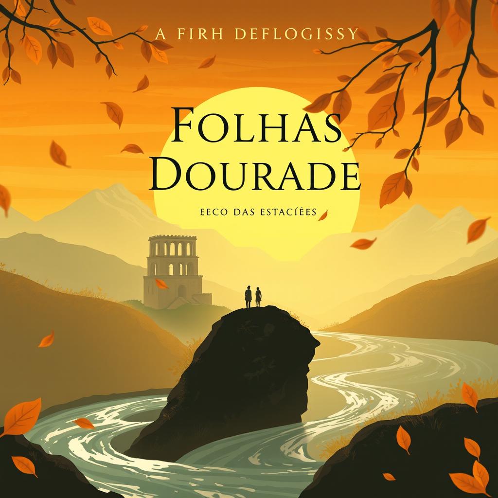 A book cover design for "Folhas Douradas," the first book of the duology "Eco das Estações