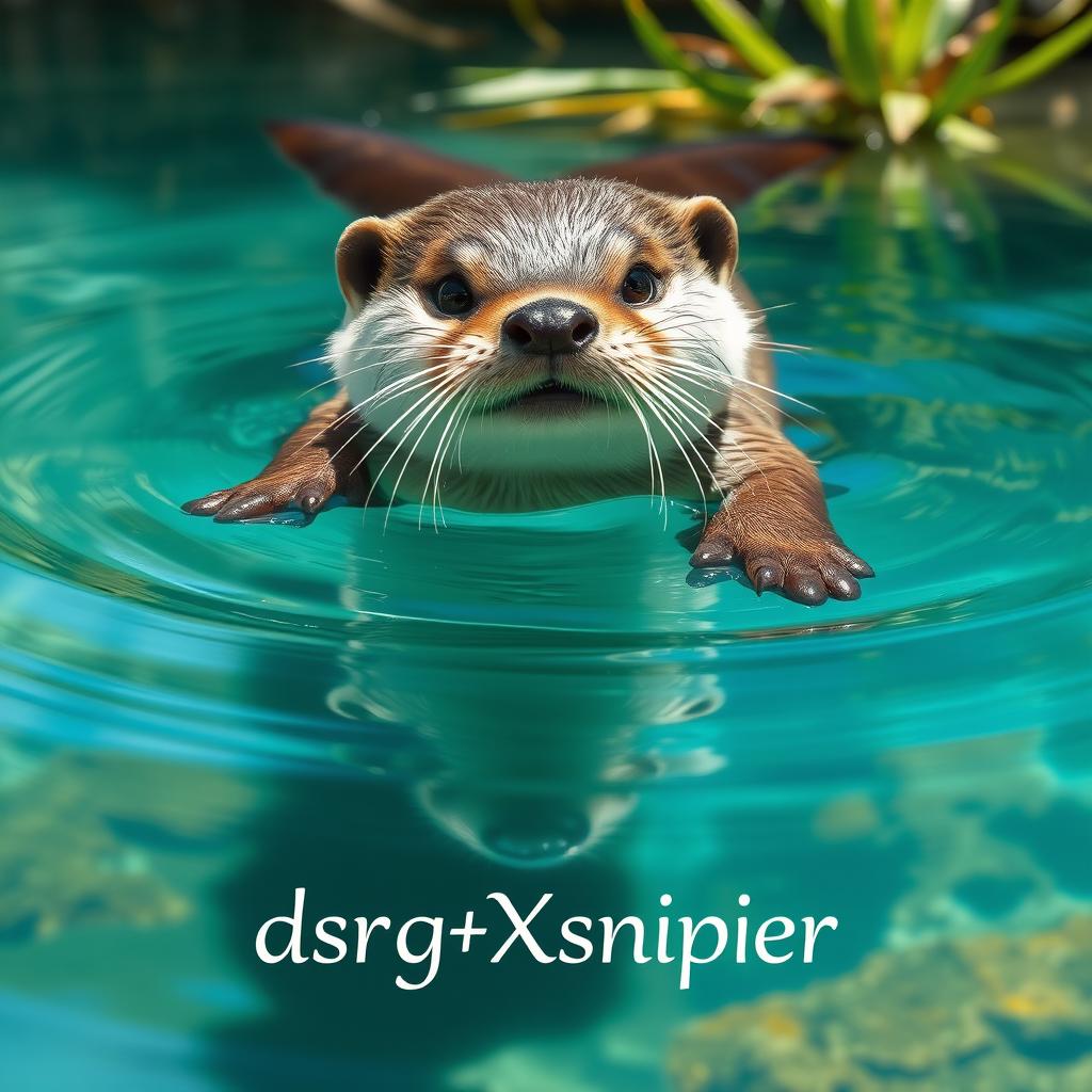 A cute and playful otter swimming in a clear blue river, with its fur glistening under the sunlight, showcasing its adorable wet whiskers and sparkling eyes