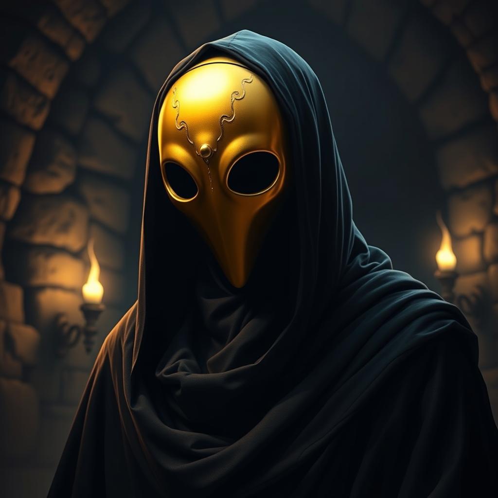A haunting portrait of a single cultist wearing a golden rounded mask that emanates a scary and unsettling aura