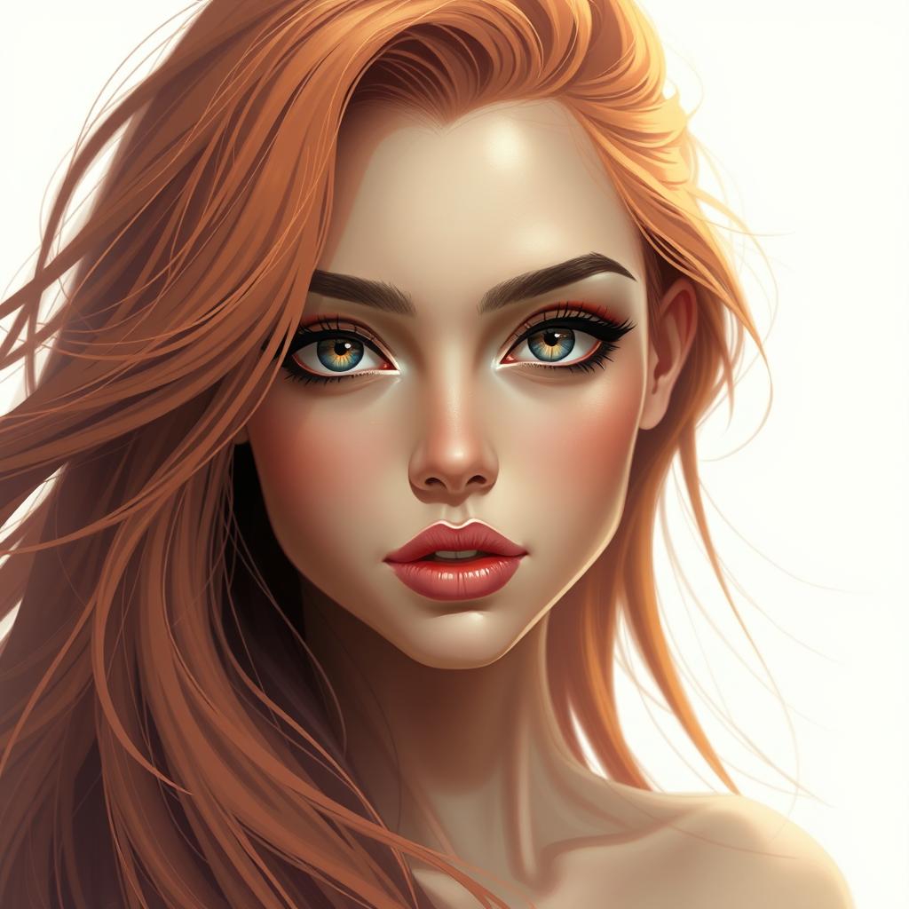 A beautiful woman with an enchanting expression, featuring striking facial features inspired by the second reference