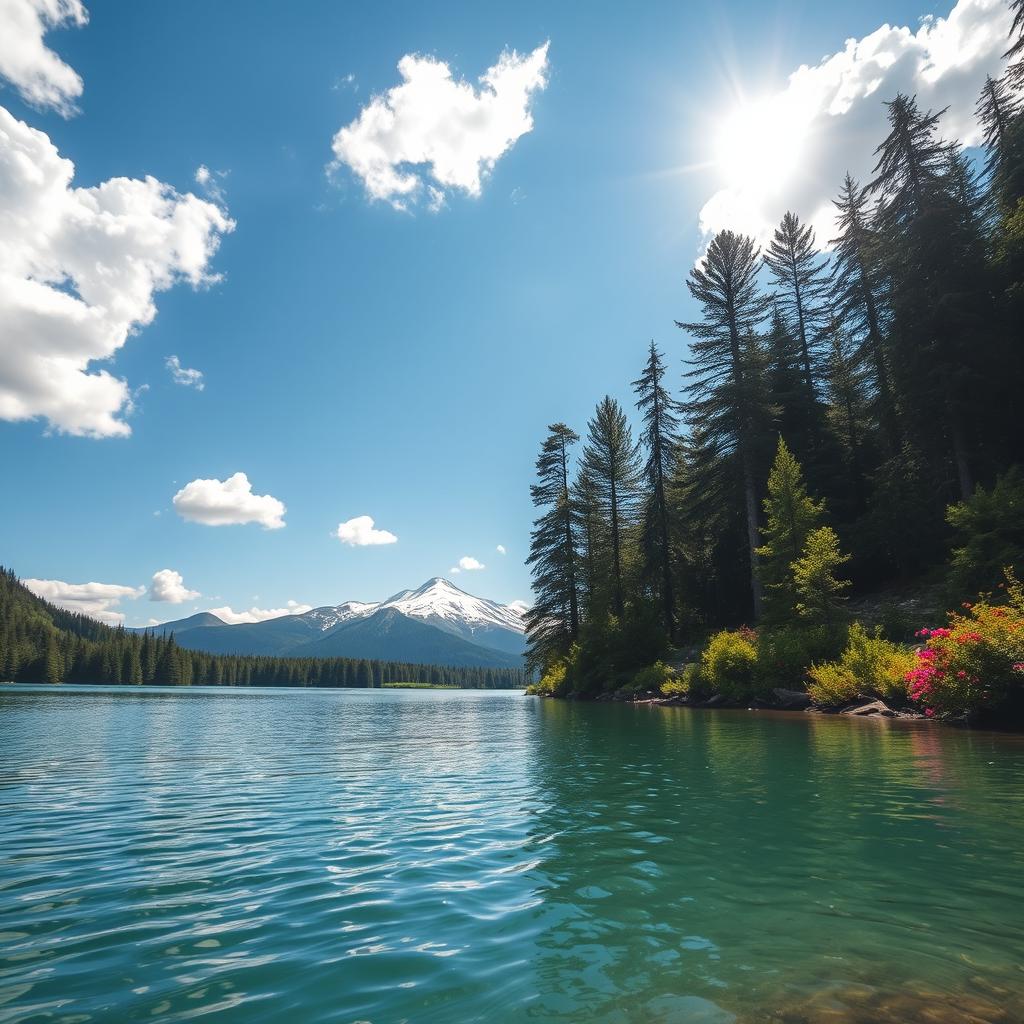 A serene landscape featuring a lush, green forest with tall trees and vibrant flowers