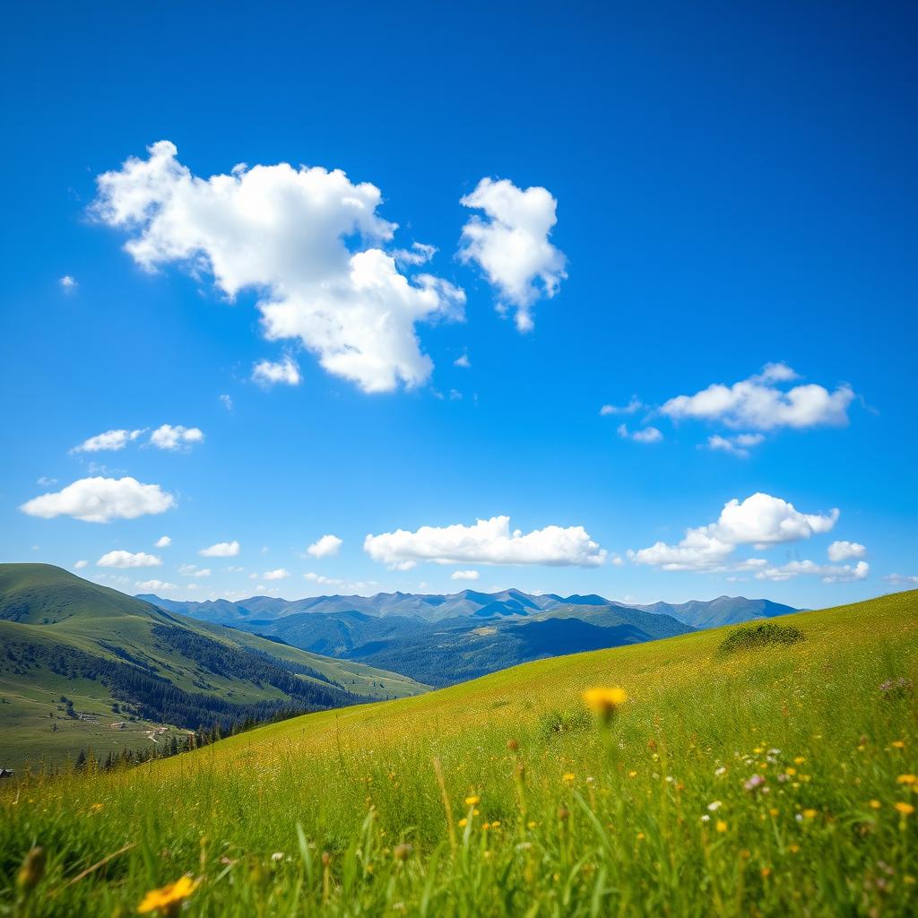 A beautiful landscape photograph capturing the serene essence of a lush green valley under a clear blue sky, with fluffy white clouds gently floating above