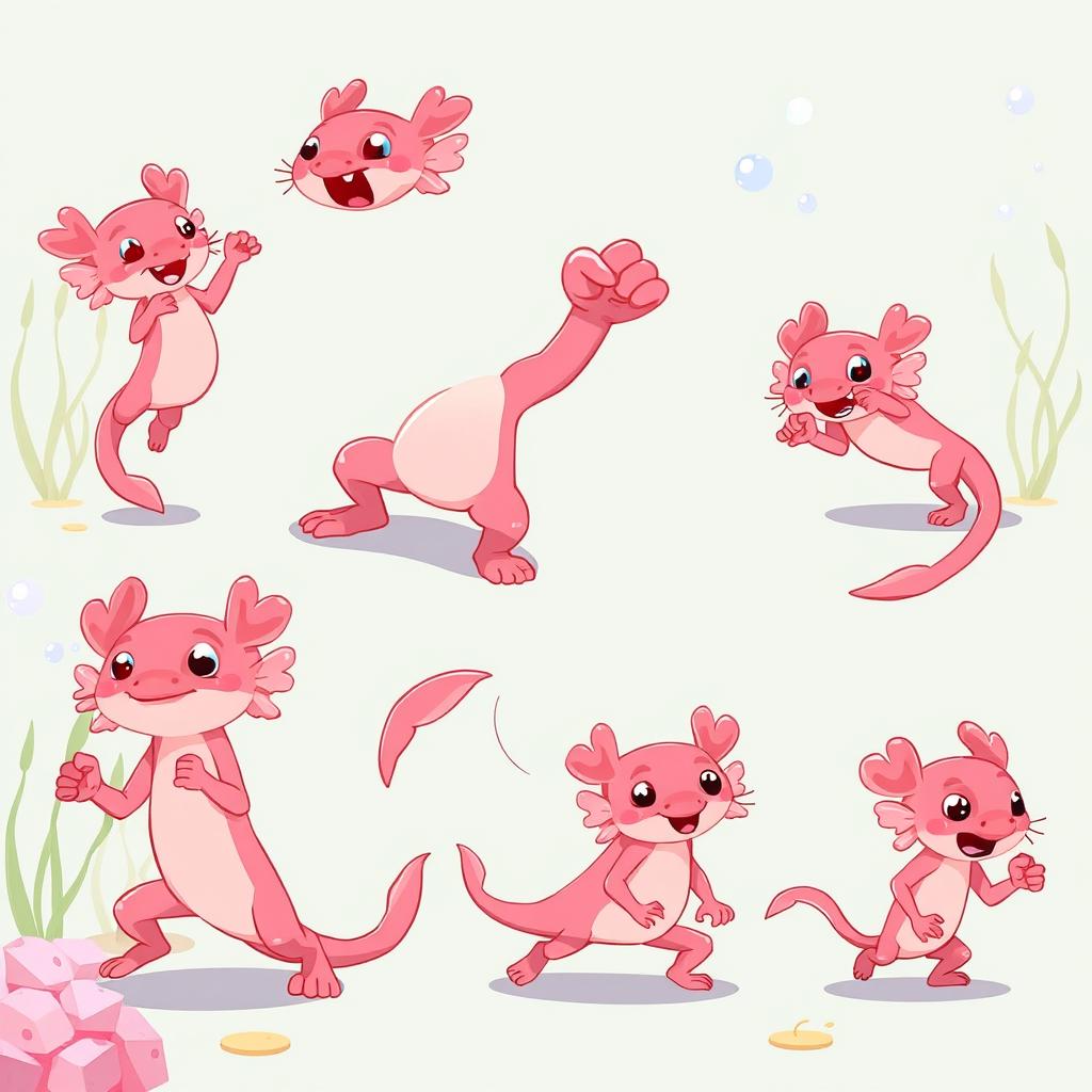 A 2D animated axolotl character exhibiting various actions including jumping, punching, walking, running, and crouching