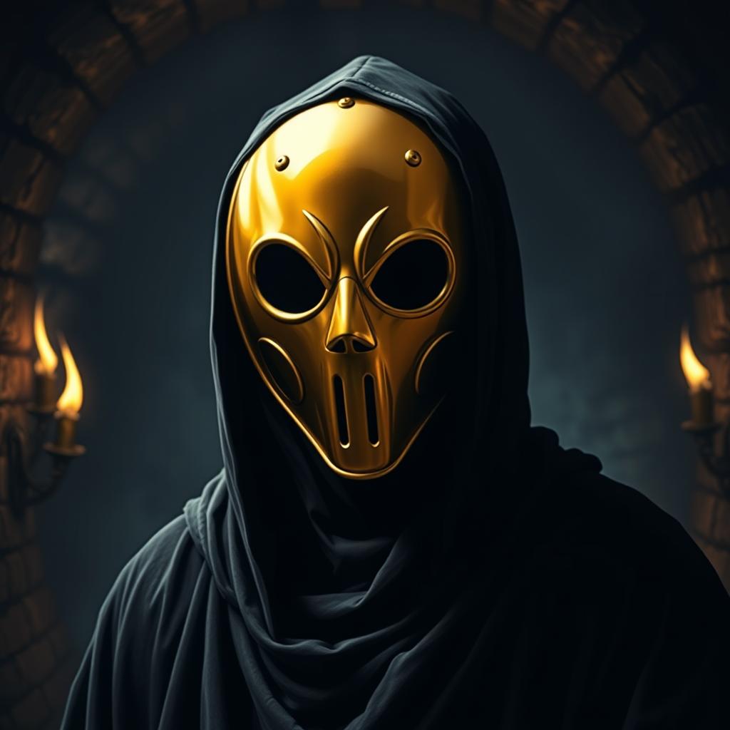A striking portrait of a single cultist wearing a round golden mask that exudes a frightening and eerie presence