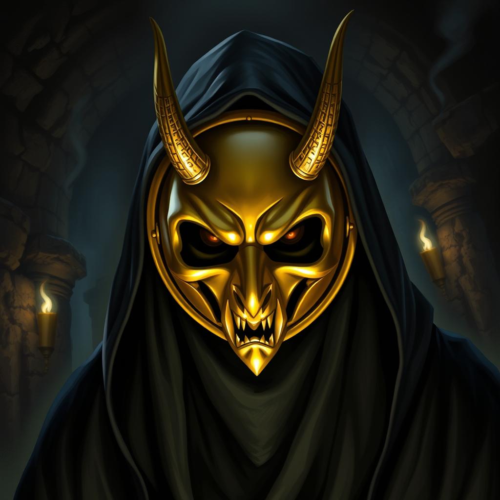 An intense portrait of a single cultist wearing a golden round devil mask that features sharp, menacing horns and a sinister expression, giving off an ominous presence