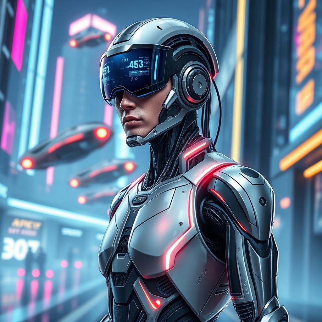A futuristic cyborg character featuring a blend of advanced technology and human traits