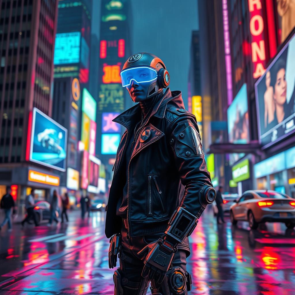 A futuristic cyborg in a vibrant neon cityscape at night, showcasing sleek metallic limbs and intricate circuitry