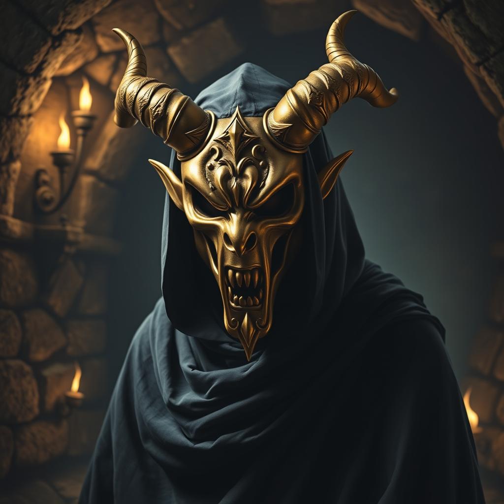 A chilling portrait of a single cultist adorned with a golden scary devil mask, featuring sharp, exaggerated horns and a menacing grin that conveys a sense of danger