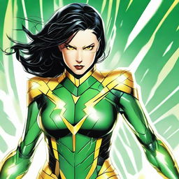 A woman with straight black hair, wearing a green MCU-style technological superheroine costume with yellow lightning lines. Costume has technological details implying a connection to electricity and her eyes are like yellow lightning, all set against a white background.