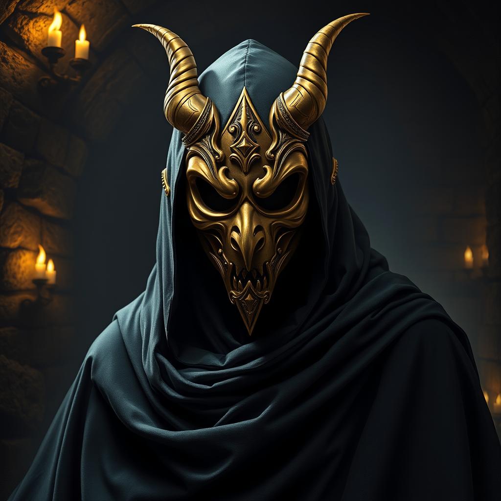 An intriguing portrait of a single cultist adorned with an elegant golden devil mask that features intricate designs and a refined, menacing expression
