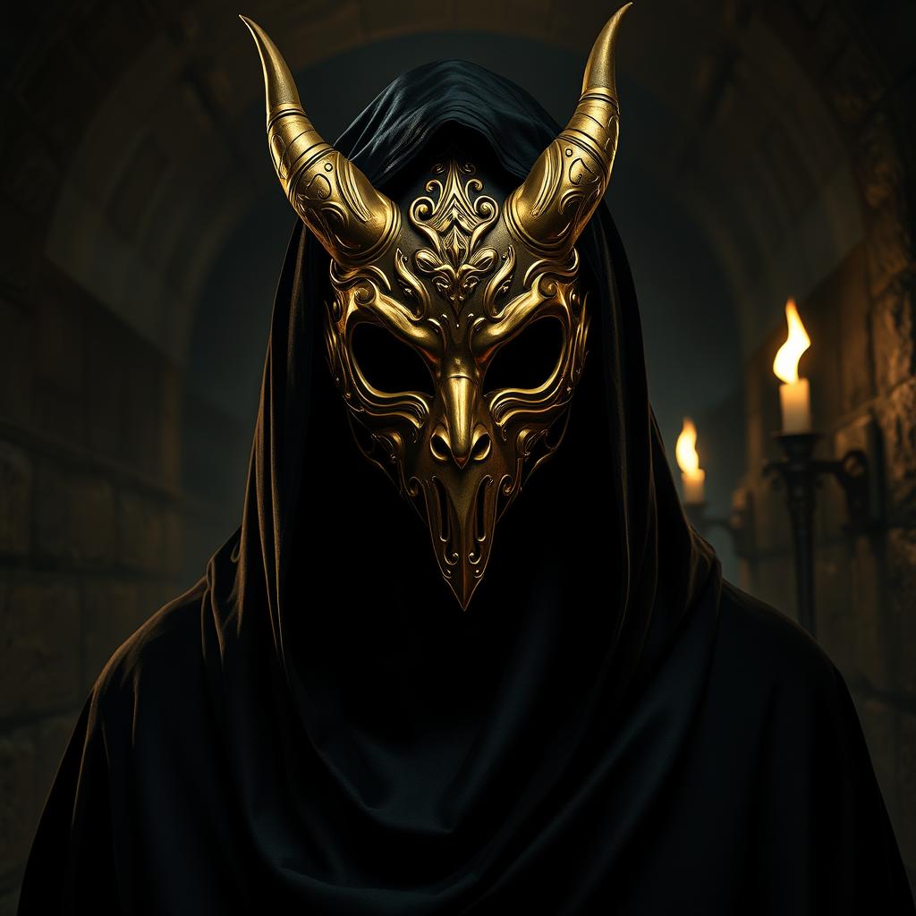 A striking portrait of a single cultist wearing an elegant golden fine devil mask, characterized by its intricate and delicate features, giving it a sophisticated yet menacing look