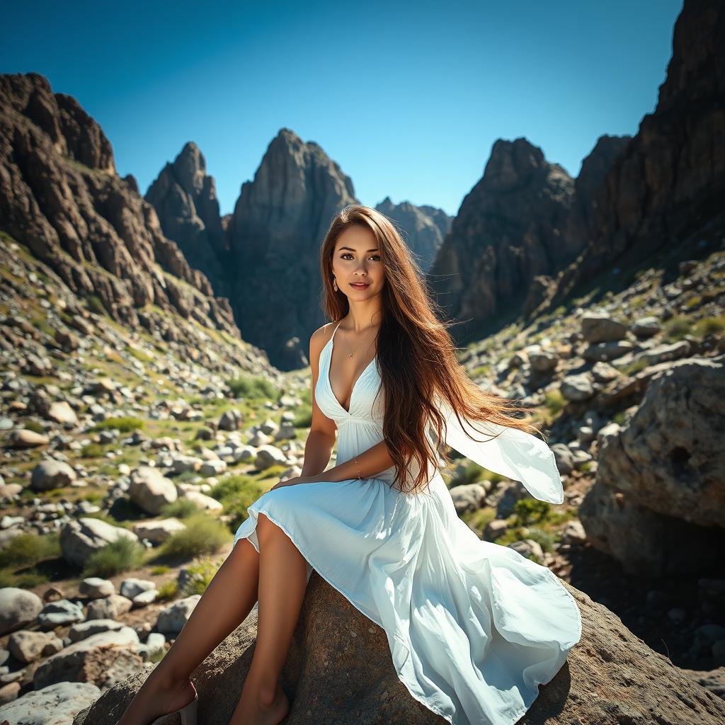 A stunning portrait of a beautiful woman with long flowing hair, sitting on a rock amidst a breathtaking rocky landscape