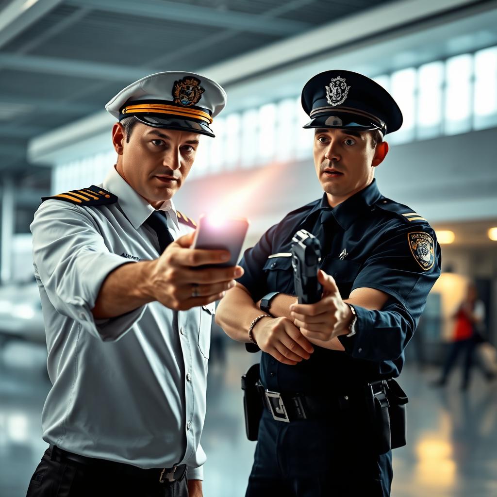 An airline pilot aiming a smartphone at a gendarme in a tense scene, showcasing the moment the light from the smartphone beam reaches the gendarme before the bullet from the gendarme's gun arrives at the pilot