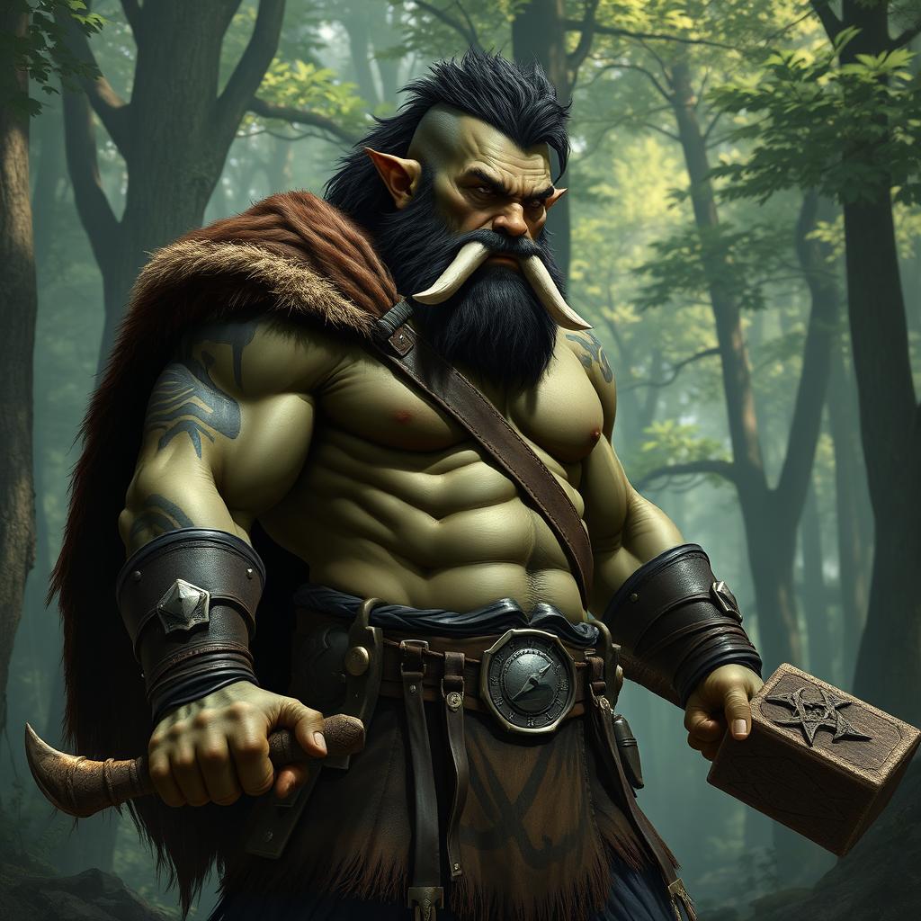 A realistic half-orc warrior standing confidently, holding a large, rugged club in one hand