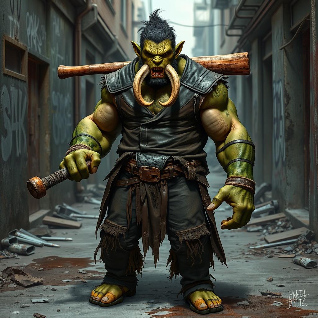 A realistic half-orc character standing firmly, gripping a wooden bat in one hand