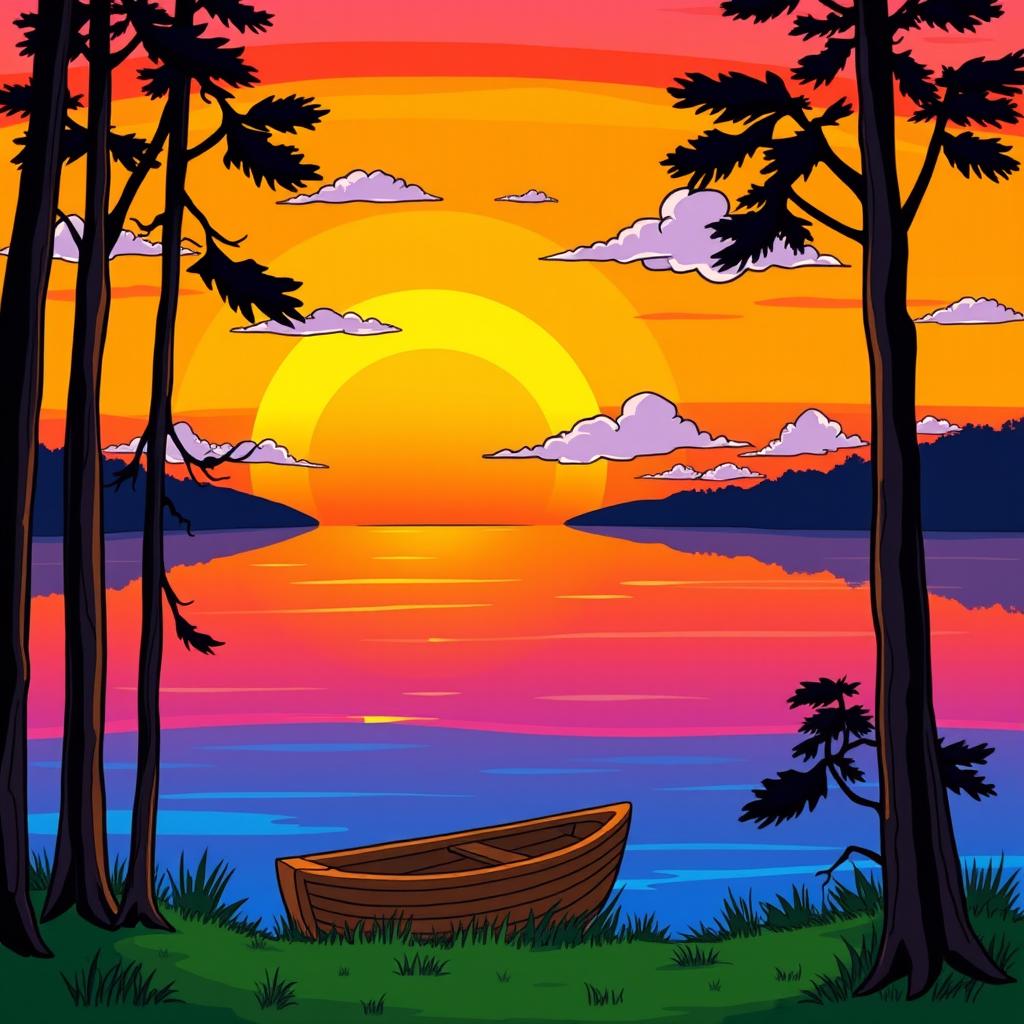A colorful cartoon depiction of a beautiful sunset over a calm lake, with vibrant orange and purple hues in the sky reflecting on the water