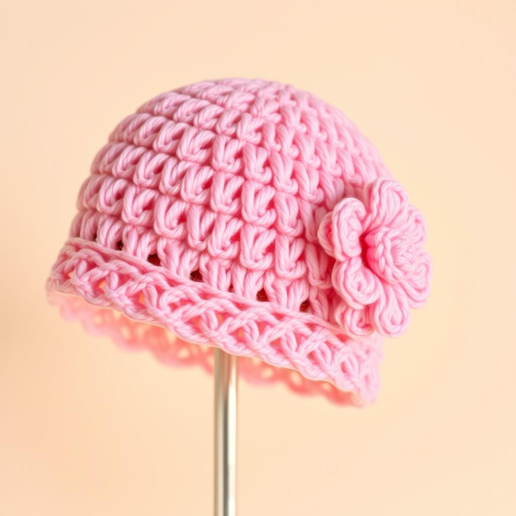 A beautifully crafted pink crocheted baby hat, intricately designed with delicate patterns and soft textures, set against a neutral background to highlight the craftsmanship