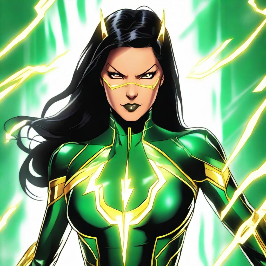 A woman with straight black hair, wearing a green MCU-style technological superheroine costume with yellow lightning lines. Costume has technological details implying a connection to electricity and her eyes are like yellow lightning, all set against a white background.