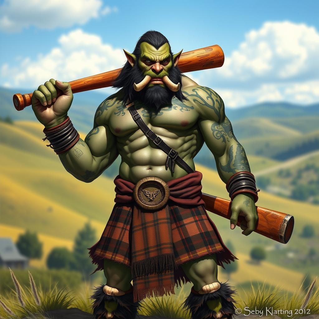 A realistic half-orc character standing proudly, holding a wooden bat in one hand while wearing a traditional kilt