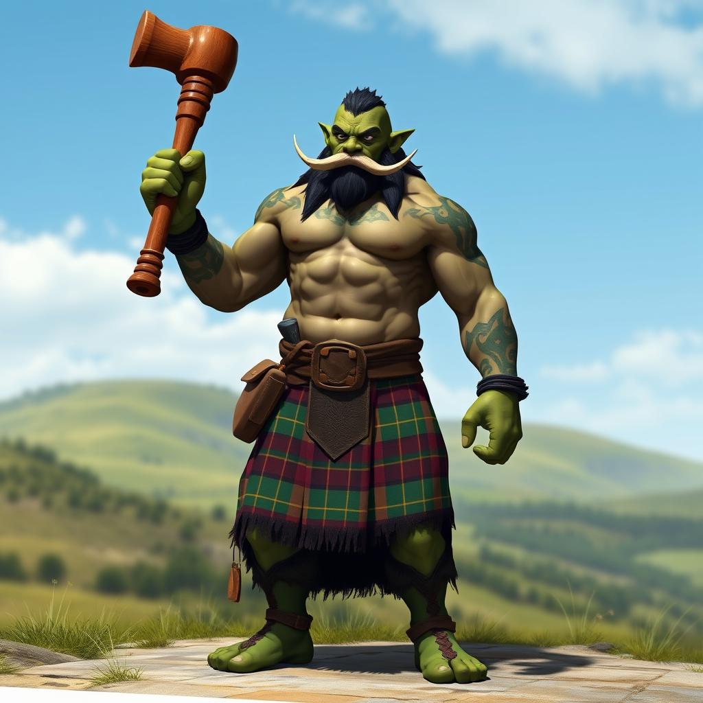 A realistic half-orc character standing proudly with a wooden bat in one hand, dressed in a traditional kilt, featuring a vibrant tartan pattern