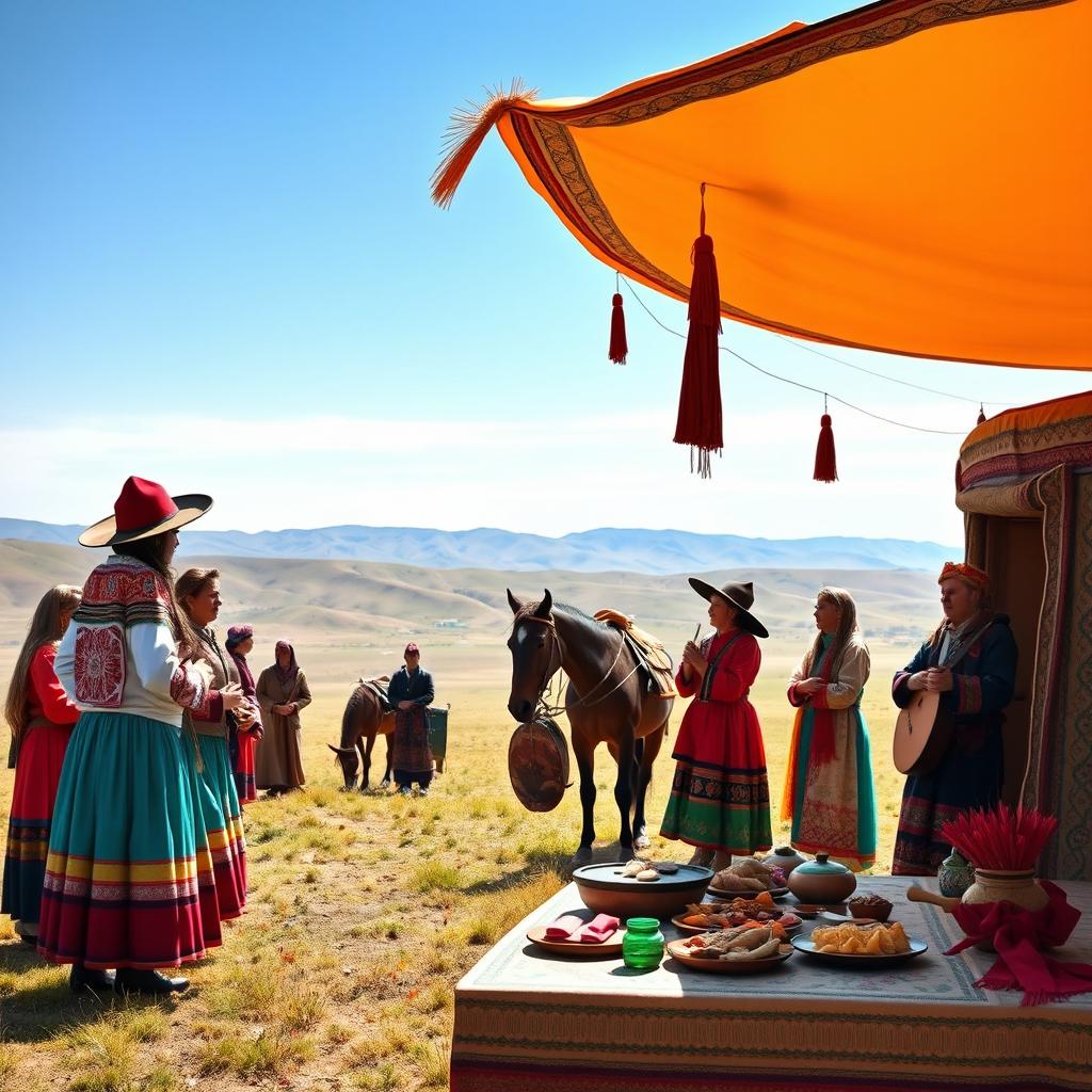 A vibrant Kazakh national scene featuring traditional clothing and customs