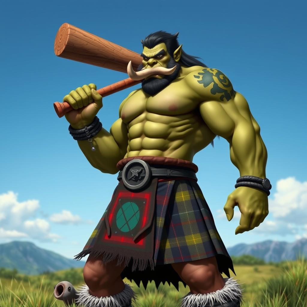 A realistic half-orc character standing confidently with a wooden bat in one hand, dressed in a traditional kilt featuring a colorful tartan pattern