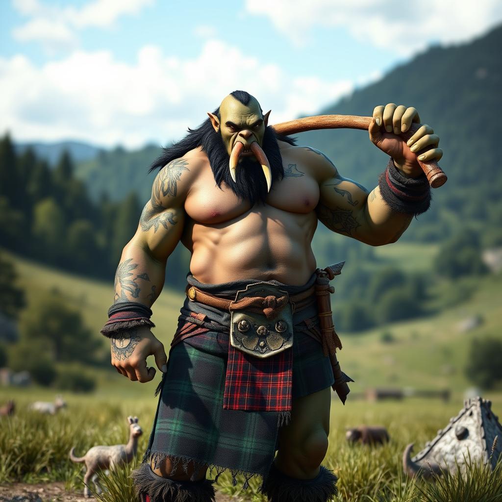 A realistic half-orc character standing confidently, wielding a wooden bat in one hand, dressed in a traditional kilt featuring a colorful tartan design