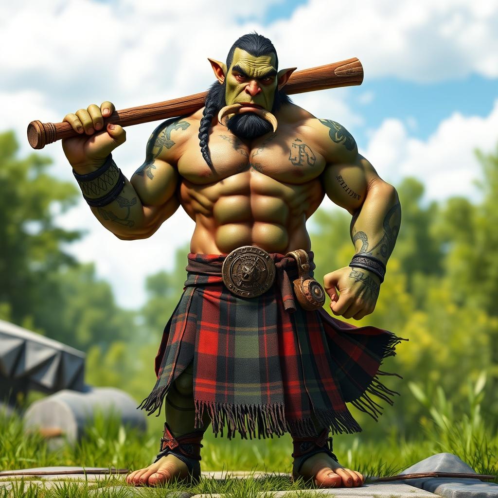 A realistic half-orc character standing confidently, wielding a wooden bat in one hand, dressed in a traditional kilt with a striking tartan pattern