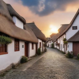 A serene and peaceful sunset over a quaint little town with thatched houses and cobblestone streets