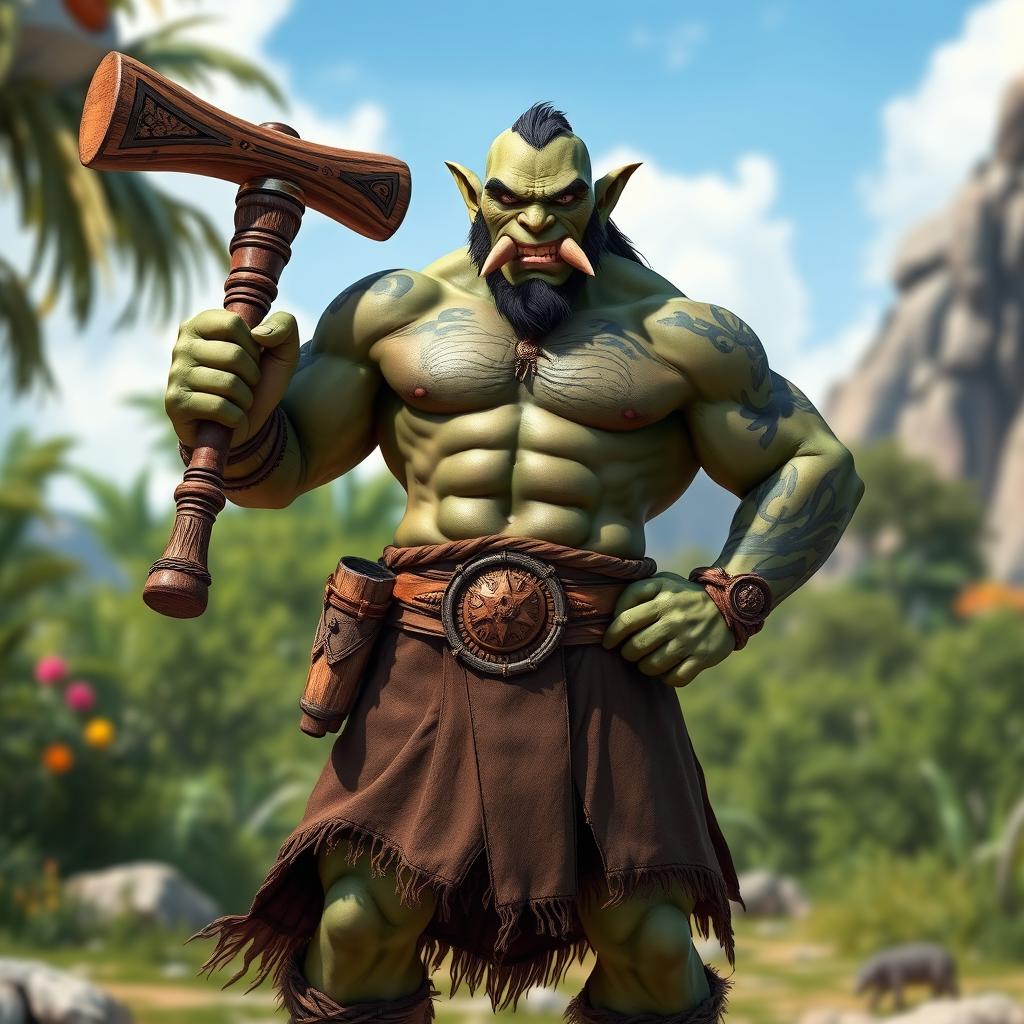 A realistic half-orc character standing confidently, holding a wooden bat in one hand, dressed in a brown kilt with a textured design