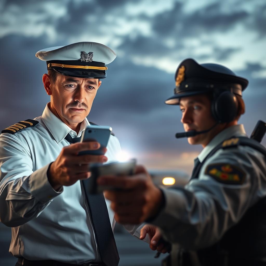 An intense scene depicting an airline pilot, dressed in a crisp uniform, with an expression of determination as he targets a gendarme with his smartphone