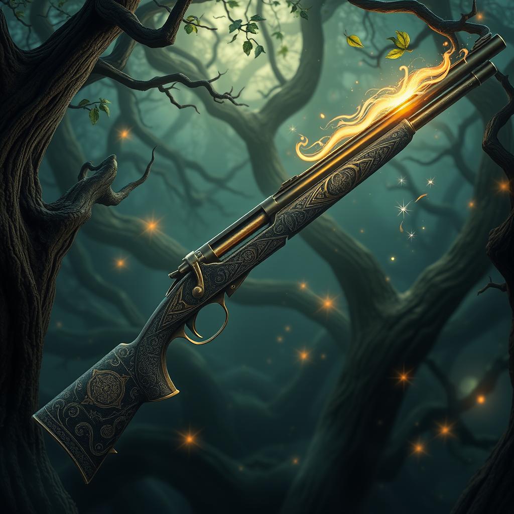 A mystical hunting rifle glowing with magical energy, intricately designed with ornate patterns and symbols