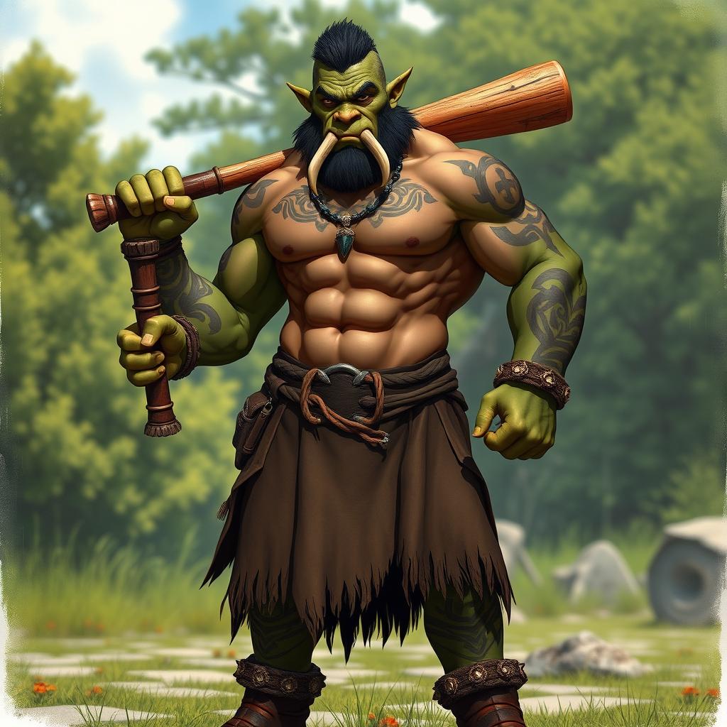 A realistic half-orc character standing confidently with a wooden bat in one hand, wearing a brown kilt that features intricate patterns