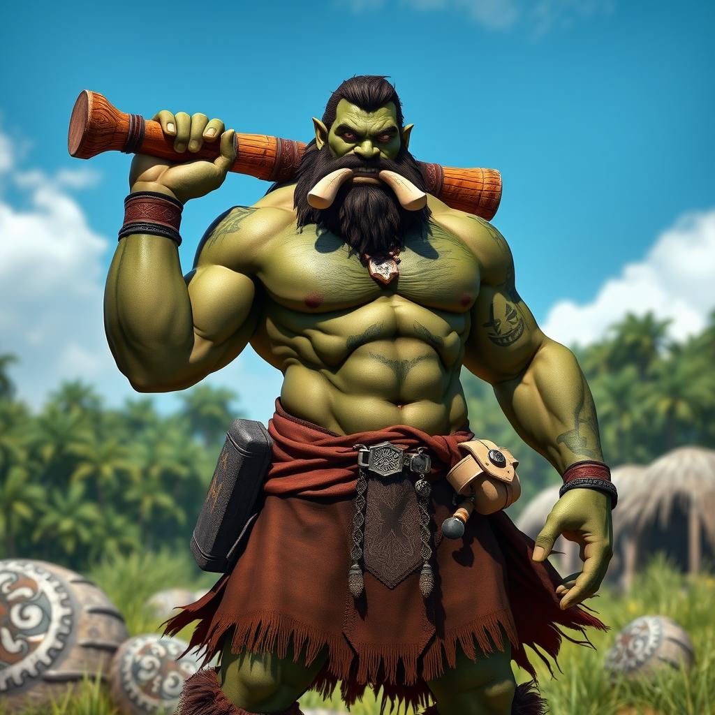 A realistic half-orc character standing proudly, holding a sturdy wooden bat in one hand, and wearing a brown kilt with intricate patterns