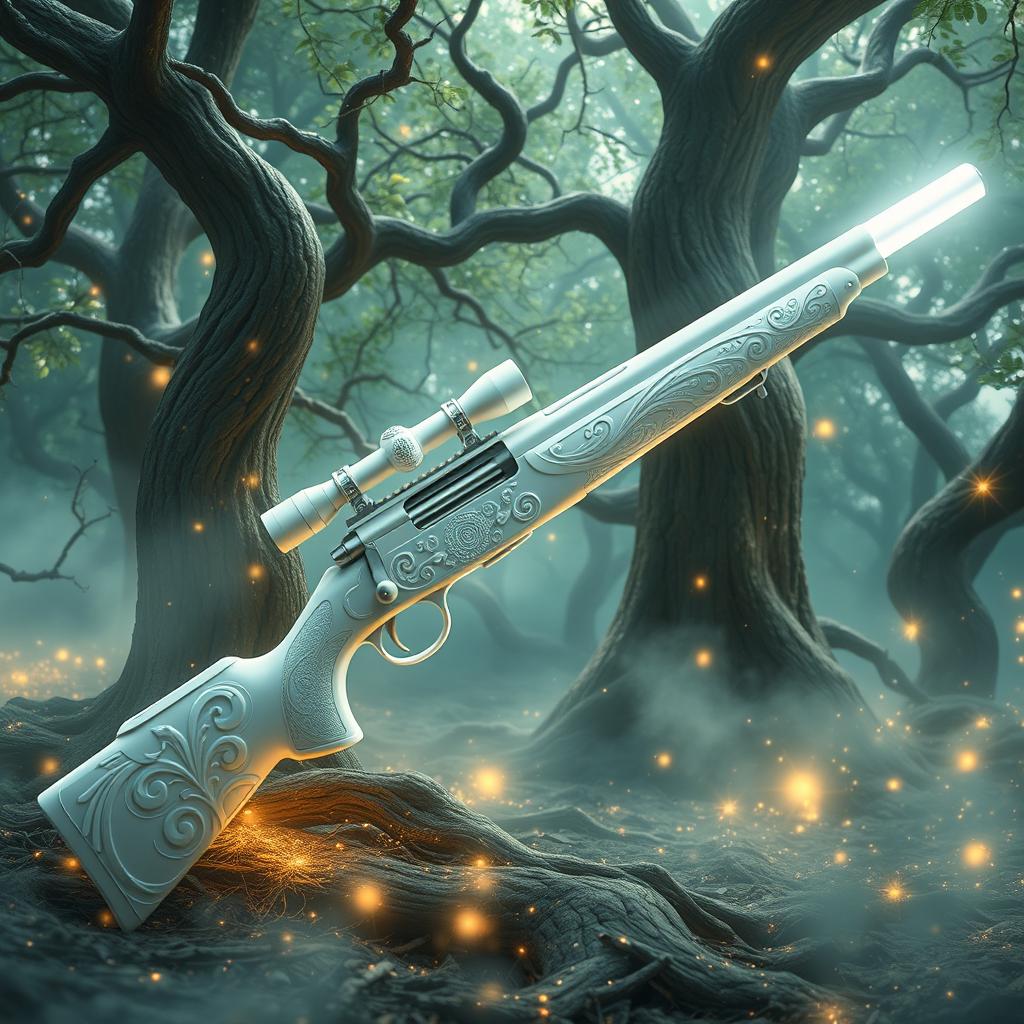 A stunning white mystical hunting rifle radiating magical energy, elaborately crafted with elegant designs and enchanting symbols