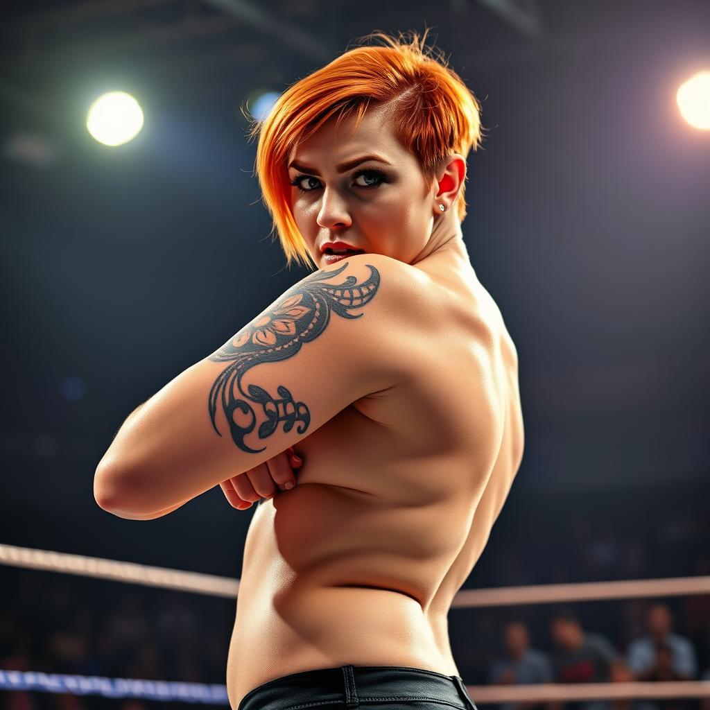 A fierce woman wrestler with ginger short hair and a toned belly, showcasing her athleticism and strength