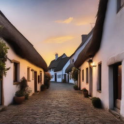 A serene and peaceful sunset over a quaint little town with thatched houses and cobblestone streets