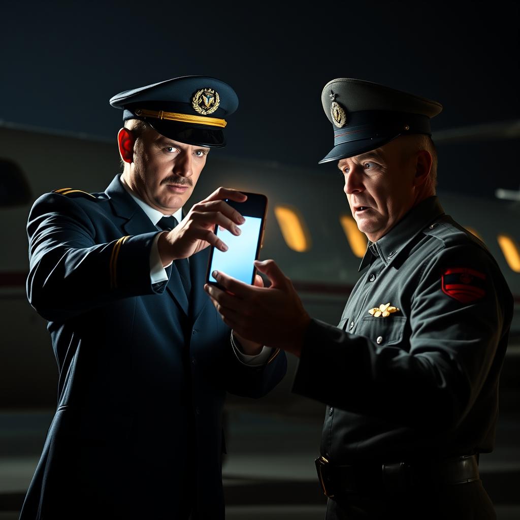 An intense scene depicting an airline pilot targeting a fearful gendarme with his smartphone