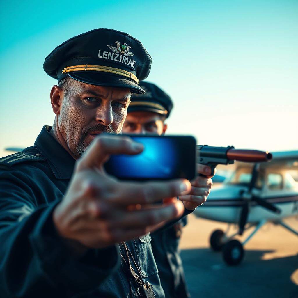 An intense cinematic scene depicting an airline pilot aiming a smartphone at a frightened gendarme