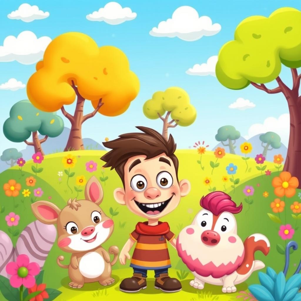 A vibrant and playful illustration featuring a whimsical landscape filled with cartoon-style trees, colorful flowers, and a bright blue sky with fluffy clouds